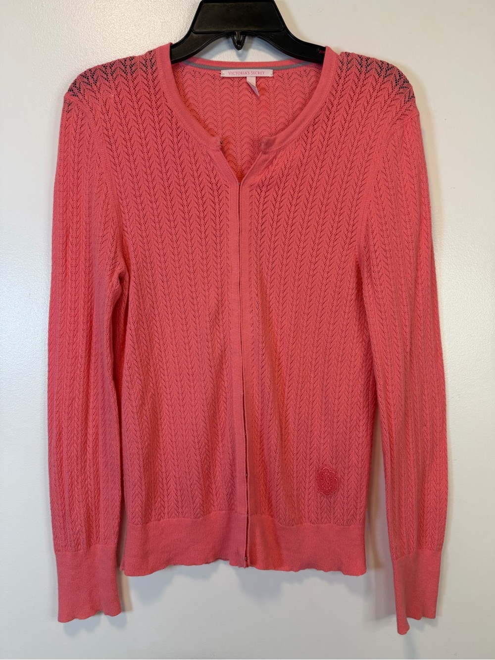 Victoria's Secret Pink Pointelle Knit Cardigan chevron design eyelets Size large